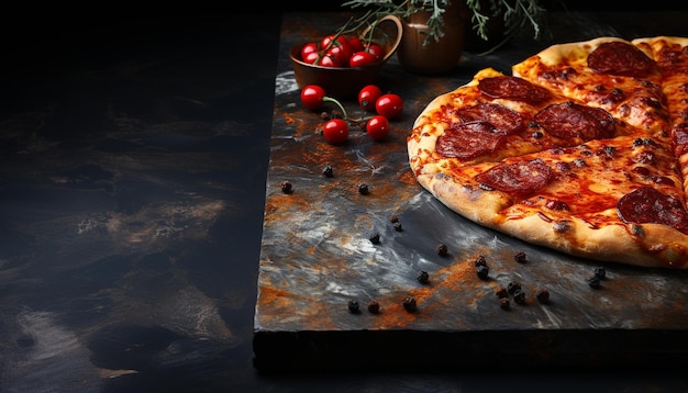 Freshly baked pizza on rustic wooden table ready to eat Italian gourmet generated by artificial intelligence