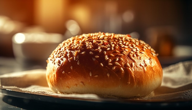Freshly baked sesame seed bun on grilled burger generated by AI
