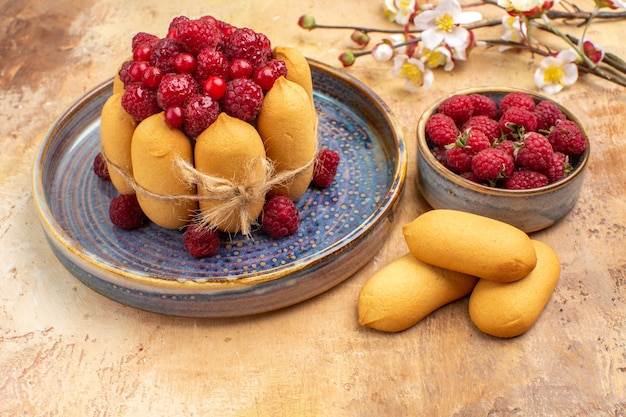 혼합 색상 테이블에 과일과 비스킷 꽃과 함께 갓 구운 부드러운 케이크