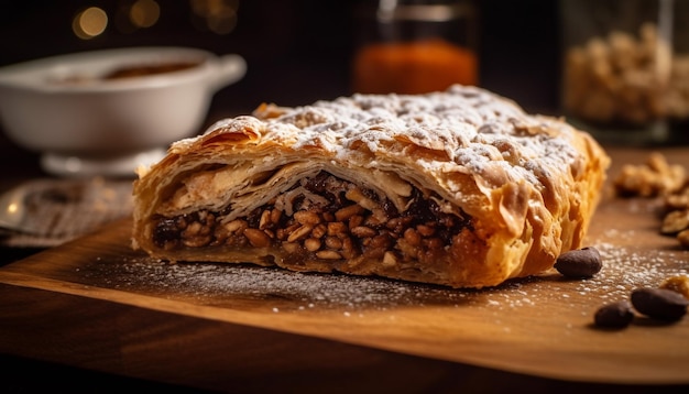 Fetta di strudel appena sfornata su tavola rustica generata dall'intelligenza artificiale