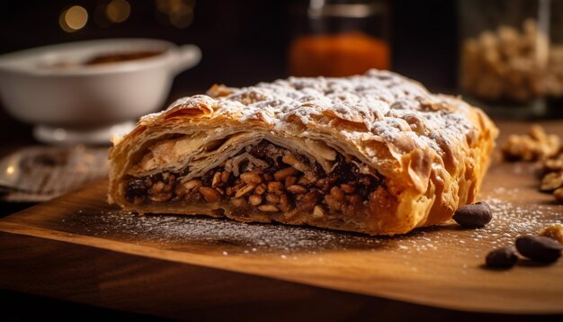 Freshly baked strudel slice on rustic table generated by AI