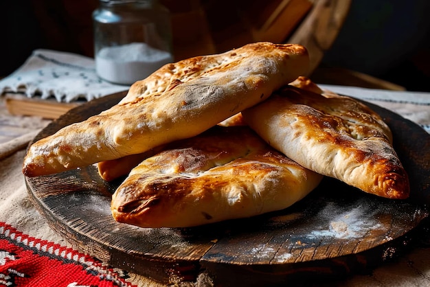 Pane tradizionale georgiano puri appena cotto su un vecchio tavolo di legno in un piatto di legno il più fresco