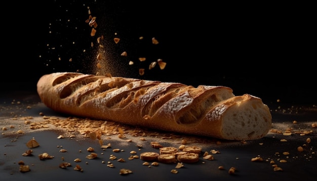 Freshly baked whole wheat bread on wooden table generated by AI