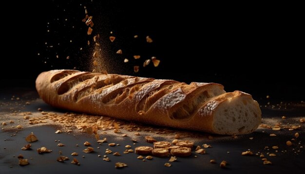 Freshly baked whole wheat bread on wooden table generated by AI