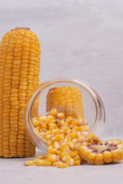 Freshly boiled corns on white table.