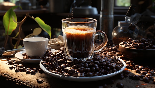 Free photo freshly brewed coffee in a rustic coffee shop steaming and frothy generated by artificial intelligence