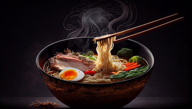 Free photo freshly cooked ramen noodles with pork and vegetables generative ai