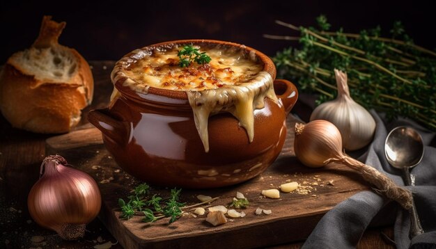 Freshly cooked vegetarian pumpkin soup on rustic table generated by AI