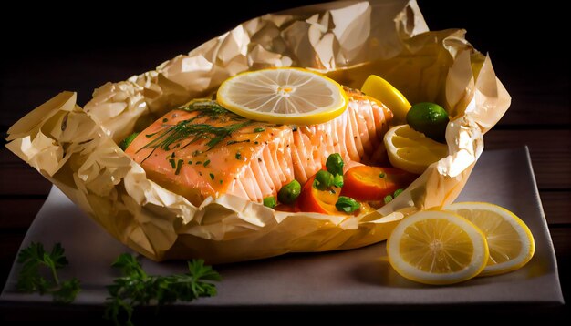 Freshly grilled salmon fillet on a wooden plate generated by AI