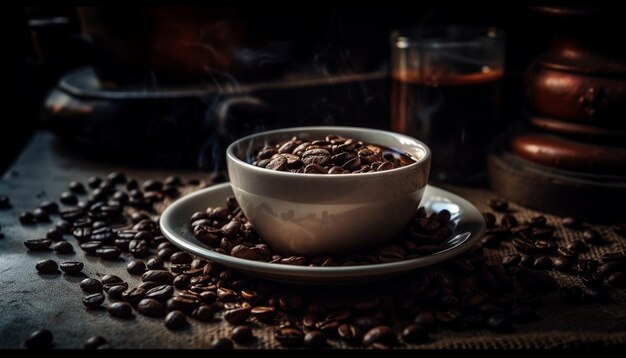 Freshly ground coffee beans in rustic mug generated by AI