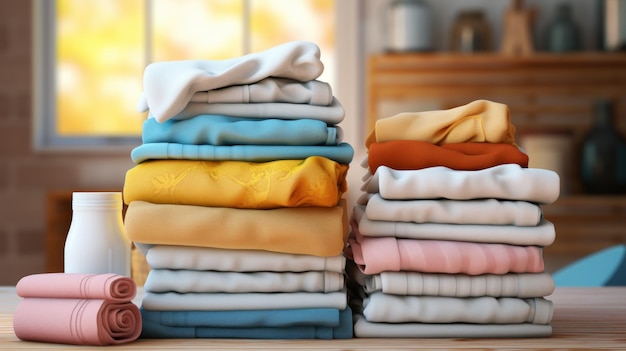 Free photo freshly laundered linens stacked neatly on table in bright laundry room