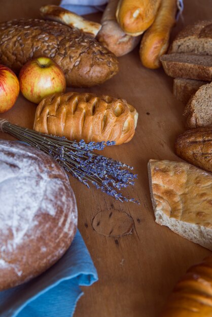 Freshly made bread assortment high angle