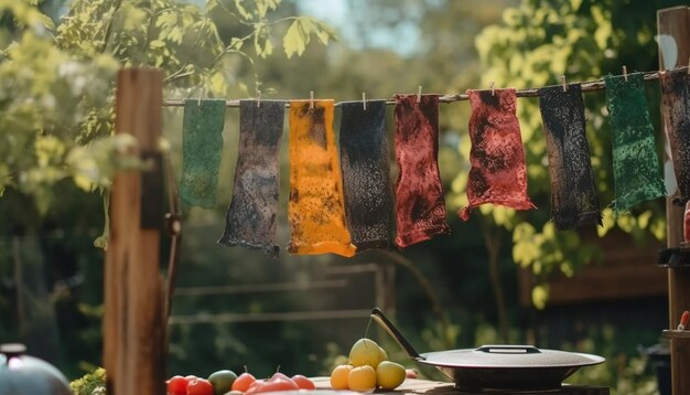 Freshly picked fruits and veggies drying outside generated by AI