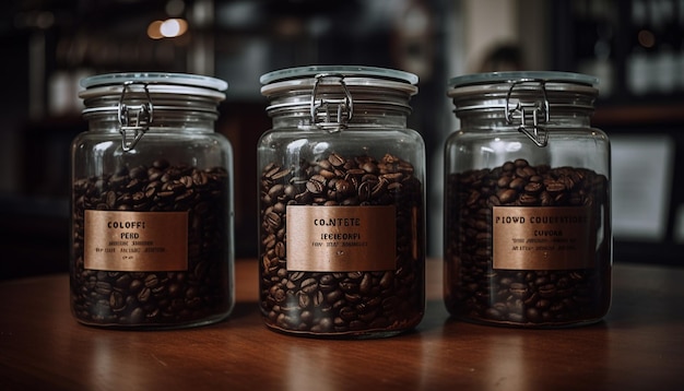 AIによって生成されたガラス瓶に入った焙煎したてのコーヒー豆