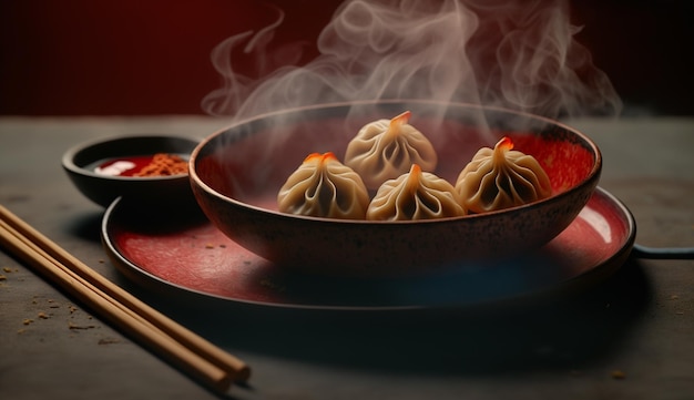 Free photo freshly steamed chinese dumplings on wooden plate generated by ai