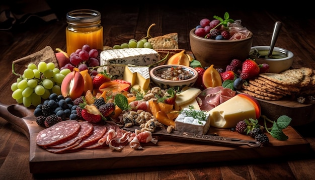 Freshness abounds on rustic cutting board buffet generated by AI