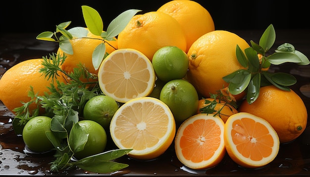 柑橘類の新鮮さ、鮮やかな色、人工知能によって生成された健康的な食事のジューシーなスライス