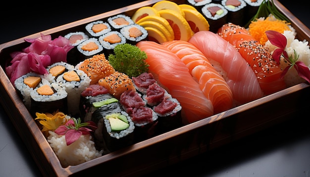 Foto gratuita freschezza e culture su un piatto collezione di sushi per il pranzo generata dall'intelligenza artificiale