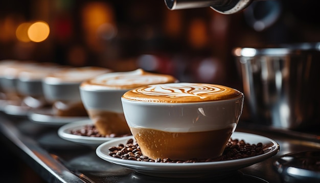 Foto gratuita freschezza in una tazza di caffè, aroma schiumoso di cappuccino generato dall'intelligenza artificiale