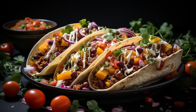 Foto gratuita freschezza e sapore esplodono in questo taco gourmet messicano fatto in casa generato dall'intelligenza artificiale