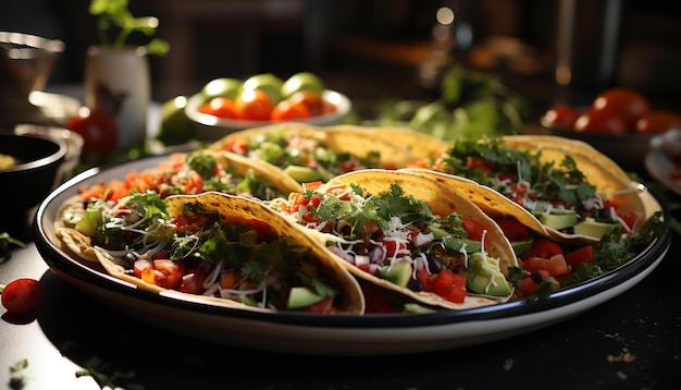 Foto gratuita freschezza e sapore su un piatto di carne grigliata, pomodoro e guacamole generati dall'intelligenza artificiale