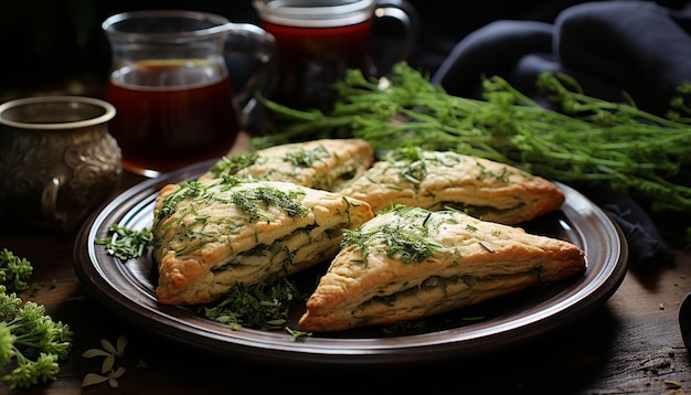 Foto gratuita freschezza e salute nel piatto di un pasto vegetariano gourmet generato dall'intelligenza artificiale