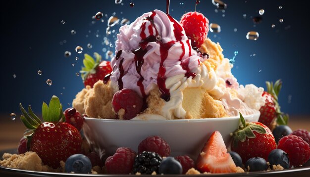 Freshness and indulgence in a bowl of gourmet berry dessert generated by artificial intelligence