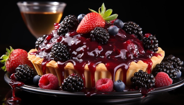 Freschezza e piacere su un piatto di cheesecake ai frutti di bosco fatto in casa generato dall'intelligenza artificiale