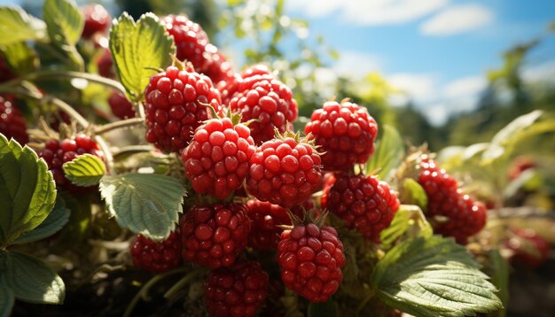 Freshness of nature leaf fruit raspberry summer food plant generated by artificial intellingence