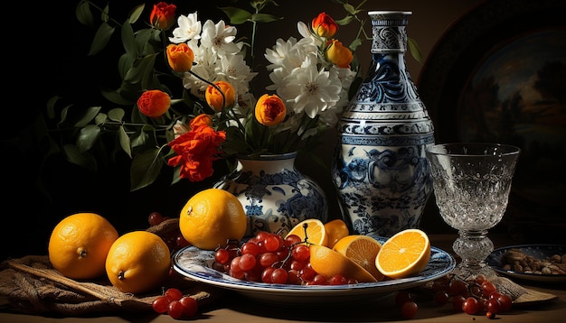 Free photo freshness of nature vibrant fruits on wooden table generated by artificial intelligence