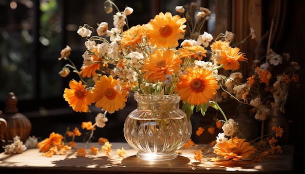 無料写真 秋の爽やかさ、人工知能によって生成された素朴なテーブルの上の花の花束