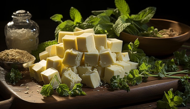 Freshness and organic ingredients on a rustic wooden table generated by artificial intelligence