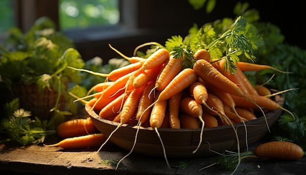 Freshness of organic vegetables on rustic wooden table generated by artificial intelligence