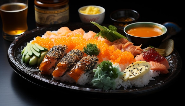 Free photo freshness on plate seafood sashimi nigiri maki sushi avocado ginger generated by artificial intelligence