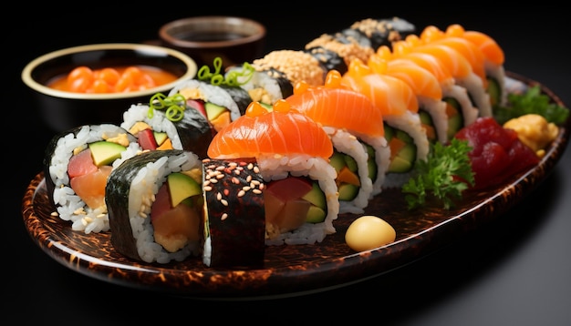 Freshness rolled up in a plate maki sushi seaweed and fish generated by artificial intelligence