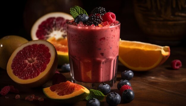 Freshness and sweetness in a berry cocktail on a wooden table generated by artificial intelligence