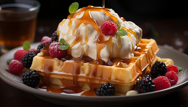 Freshness and sweetness on a plate Belgian waffle with berry generated by artificial intellingence