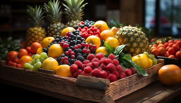 인공지능에 의해 생성된 다채로운 바구니에서 신선하고 다양한 건강한 과일