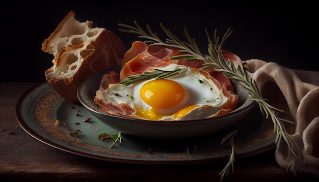 Free photo fried bacon and egg on rustic plate generated by ai