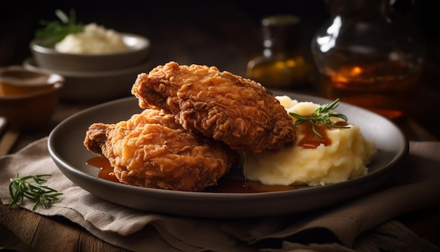 Fried chicken fillet on rustic wooden plate generated by AI