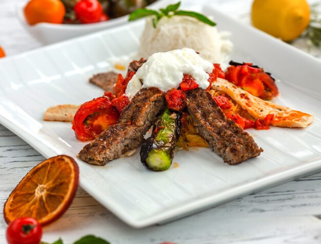 Fried chicken and meat with fried vegetables