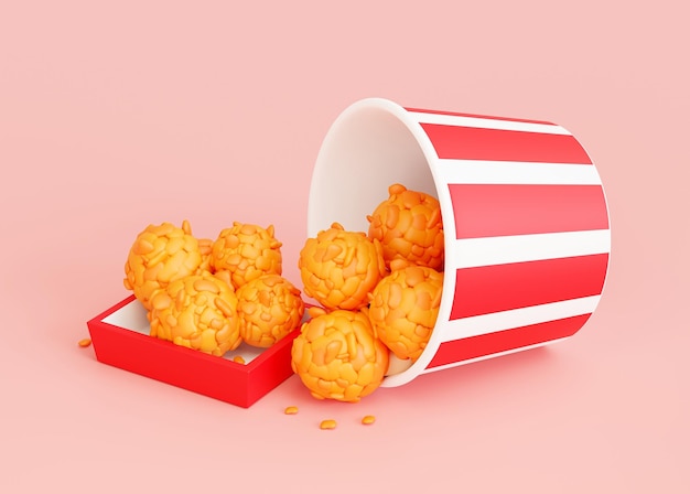 Fried chicken in paper cups and in buckets fast food cartoon icon sign or symbol restaurant logo background 3d illustration
