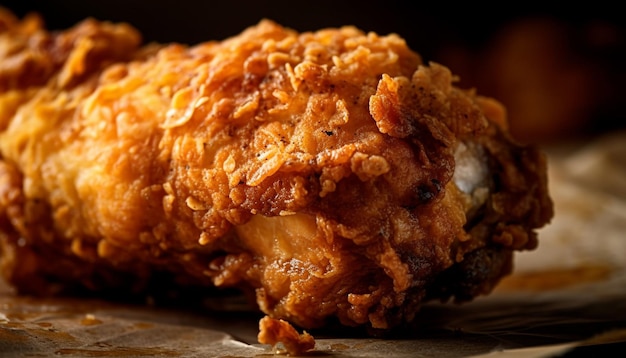 A fried chicken sits on a table.