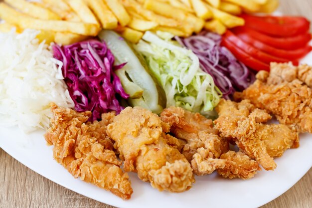 Fried Chicken Wings and Vegetables