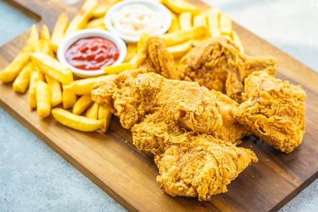 Fried chicken wings with french fries and tomato 