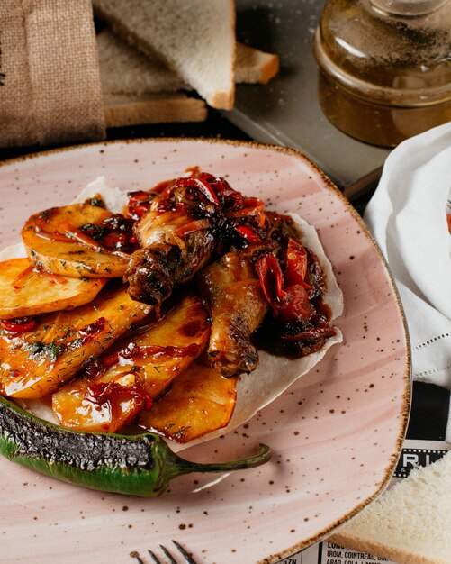 Fried chicken with potato in the plate