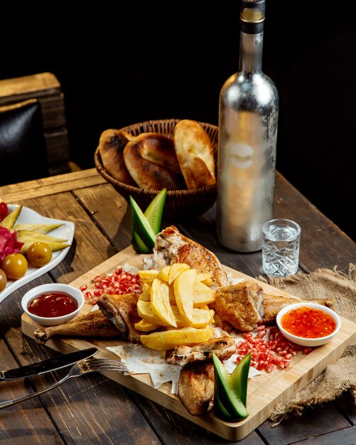 Fried chicken with potatoes and vodka