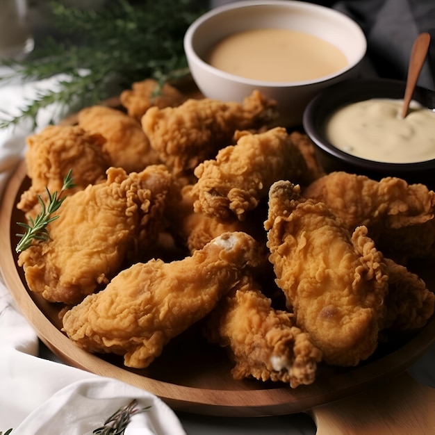 Free photo fried chicken on wooden plate with sauce and herbs closeup