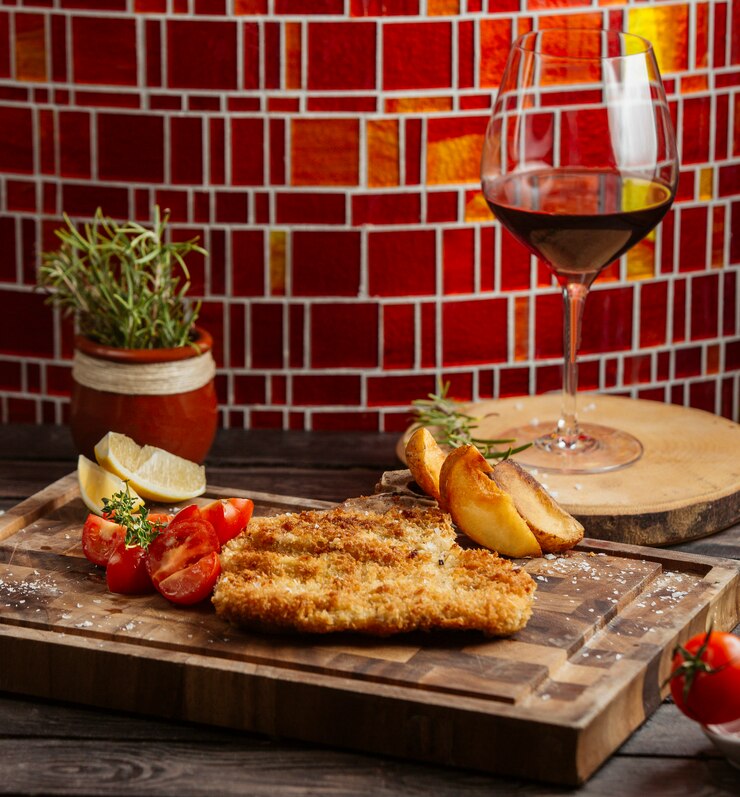 Free Photo fried crispy chicken served with tomato and fried potatoes on wood board