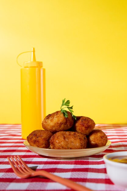 Fried croquette arrangement with copy space